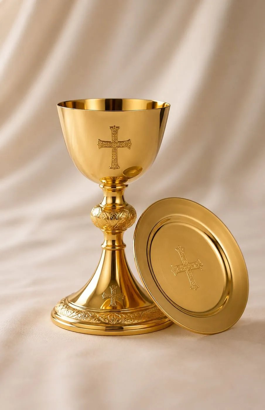 Gold-plated chalice and paten on pale drapery