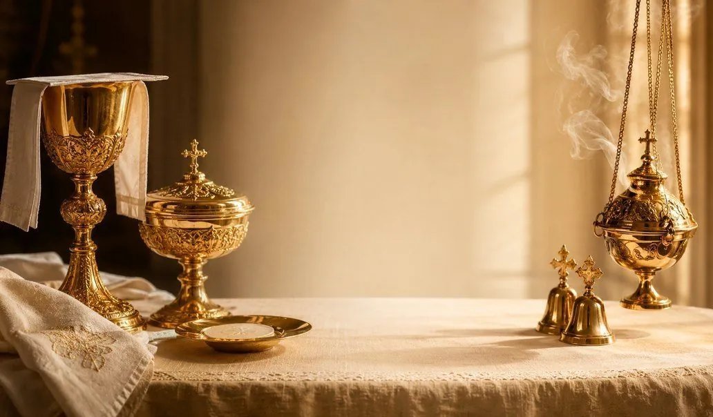 Gold-plated chalice with matching paten on a grey-blue studio backdrop