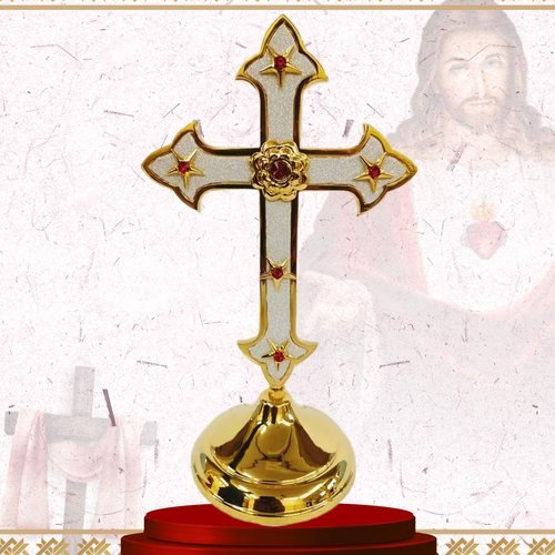 Gold Altar Cross with White Enamel Inlay
