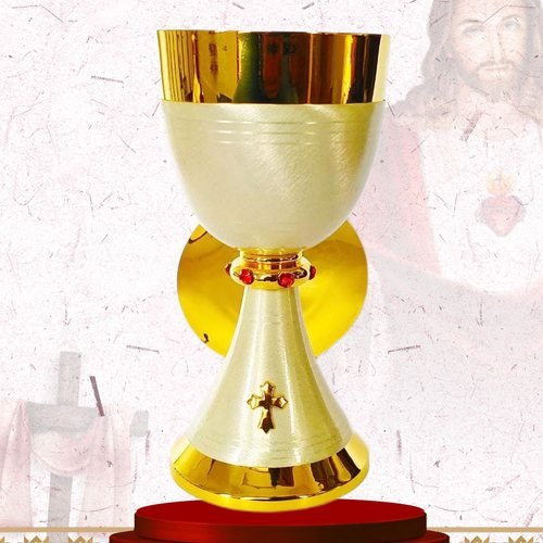 Satin Gold Chalice and Paten with Ruby Node