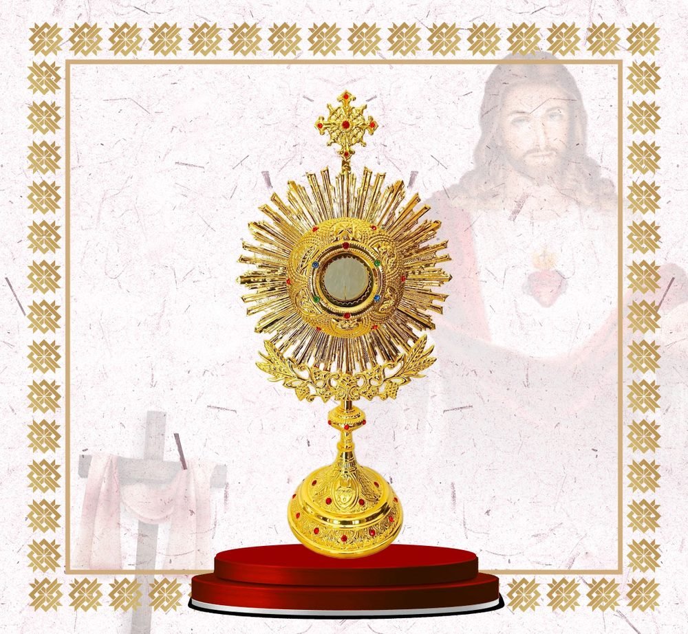 Gold Sunburst Monstrance with Jewelled Foot