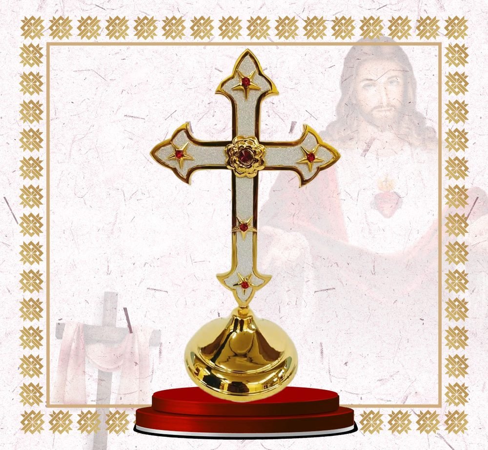 Gold Altar Cross with White Enamel Inlay