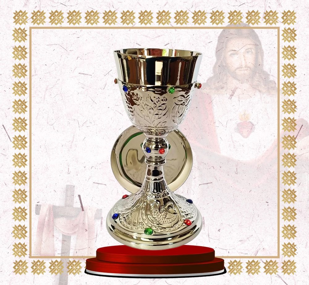 Ornate Nickel Chalice and Paten with Stones